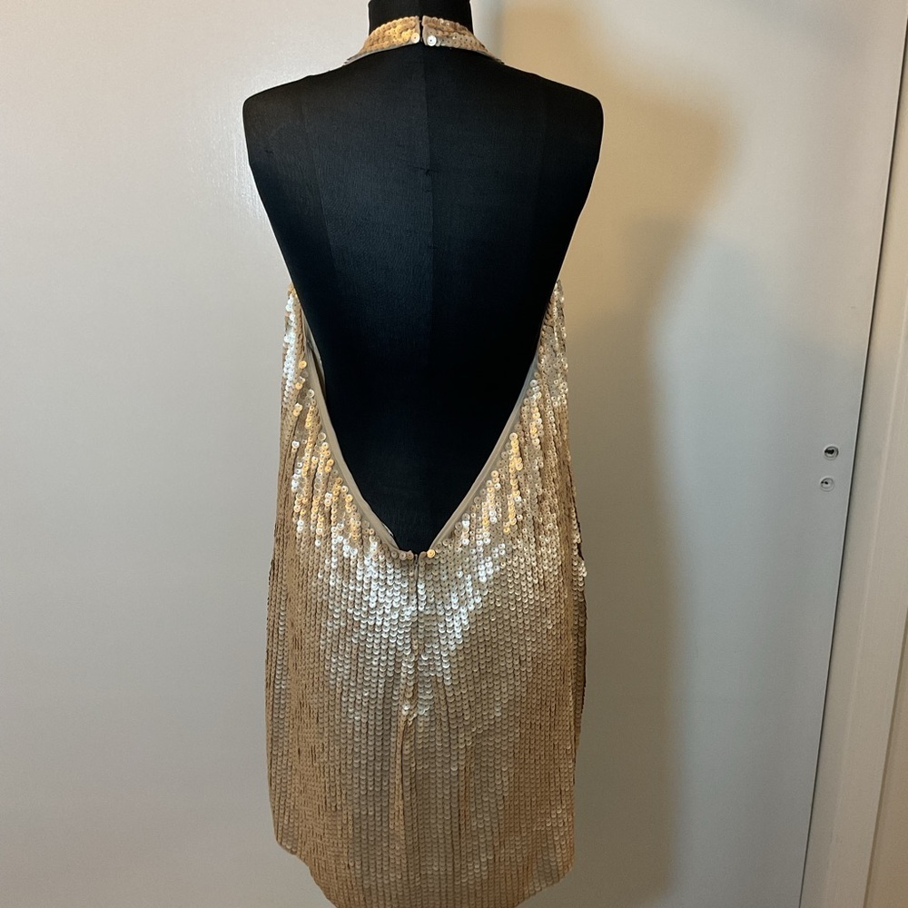 Express Gold Sequin Halter Dress Open Back Mini Party Size XL - Picture 9 of 10